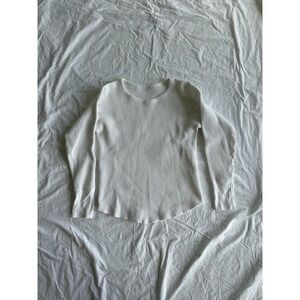 1960s Waffle Knit Thermal Long Sleeve Top White Crew Neck Curved Hem Size M
